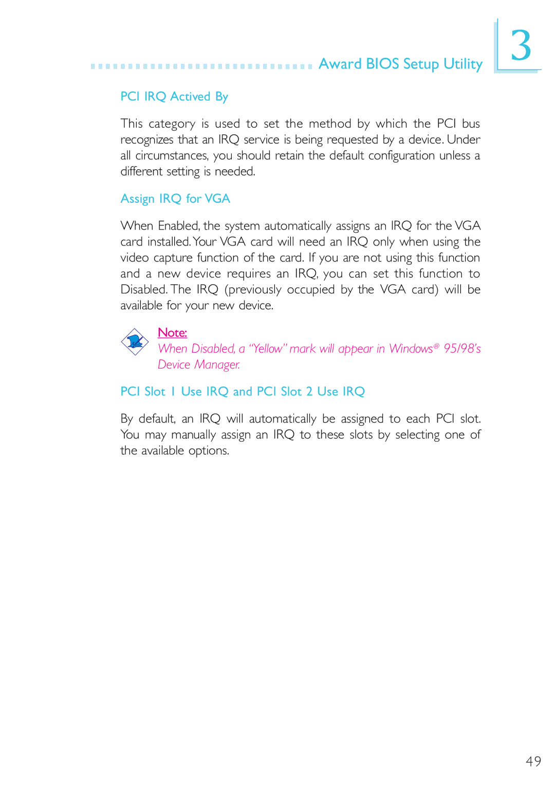 Microsoft G7VP2 manual PCI IRQ Actived By, Assign IRQ for VGA, PCI Slot 1 Use IRQ and PCI Slot 2 Use IRQ 