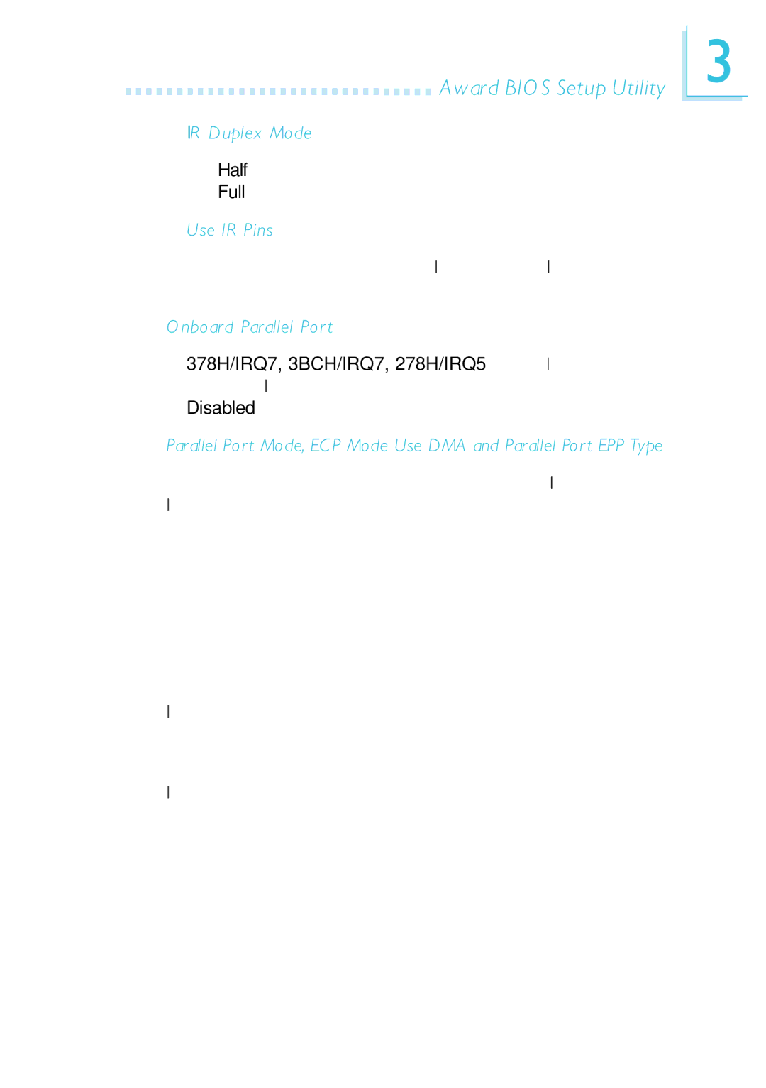 Microsoft G7VP2 manual IR Duplex Mode, Use IR Pins, Onboard Parallel Port 