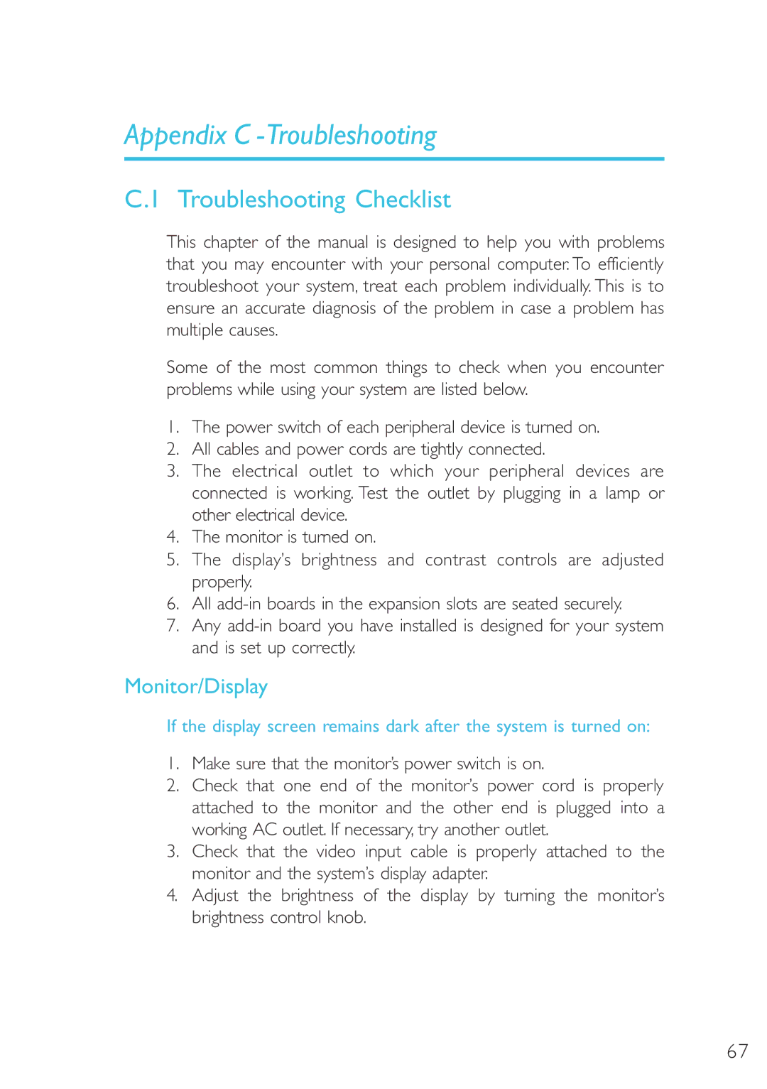 Microsoft G7VP2 manual Appendix C -Troubleshooting, Troubleshooting Checklist, Monitor/Display 