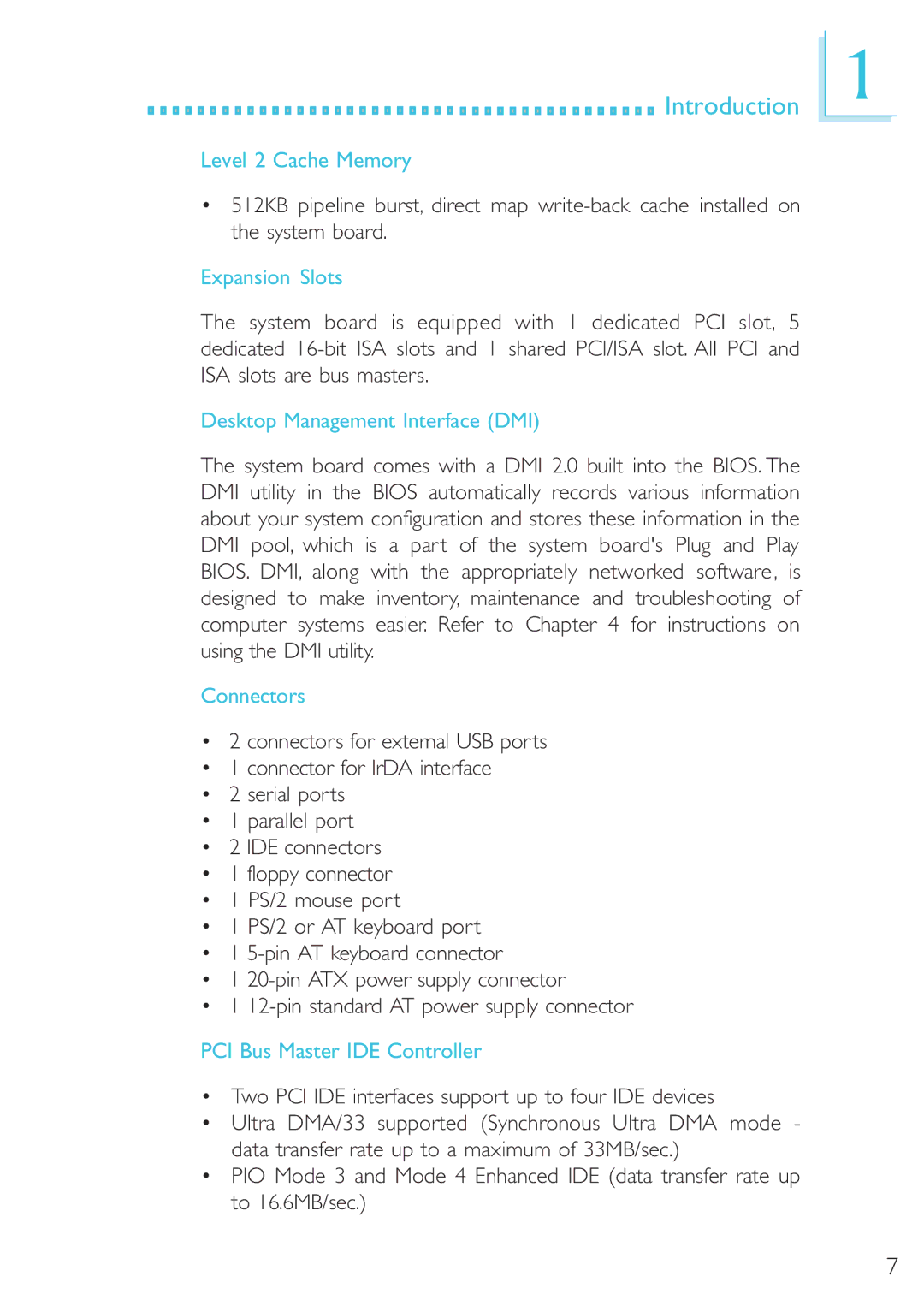 Microsoft G7VP2 manual Level 2 Cache Memory, Expansion Slots, Desktop Management Interface DMI, Connectors 