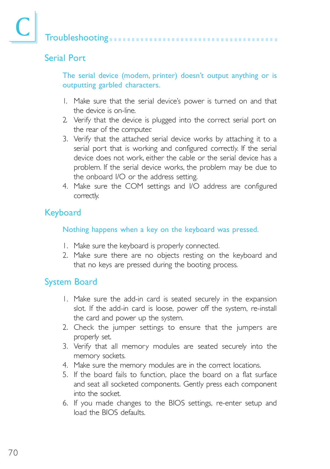 Microsoft G7VP2 manual Troubleshooting Serial Port, Keyboard, System Board 