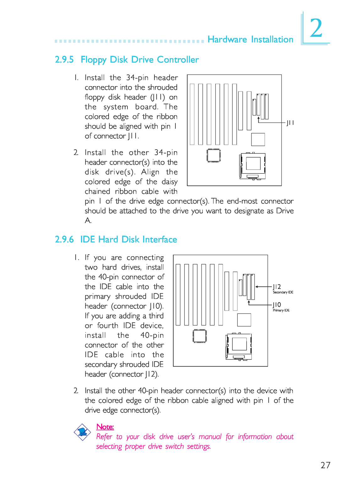 Microsoft G7VP2 manual Hardware Installation 2.9.5 Floppy Disk Drive Controller, IDE Hard Disk Interface 