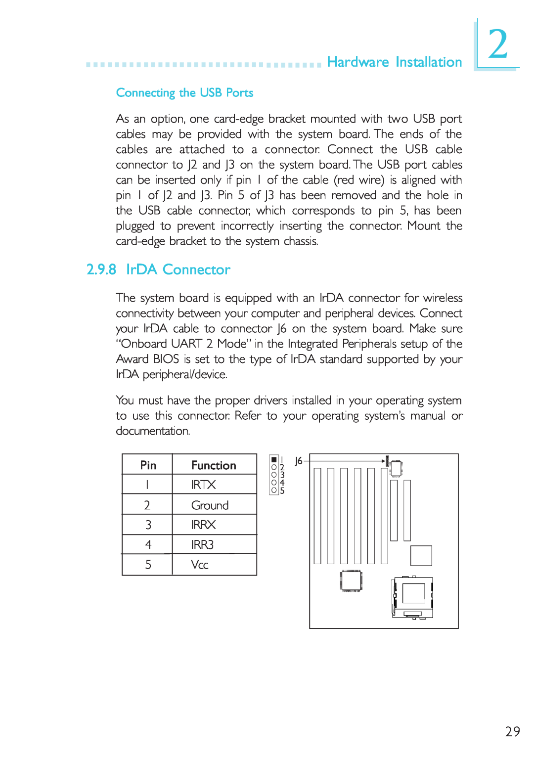 Microsoft G7VP2 manual IrDA Connector, Connecting the USB Ports, Hardware Installation 