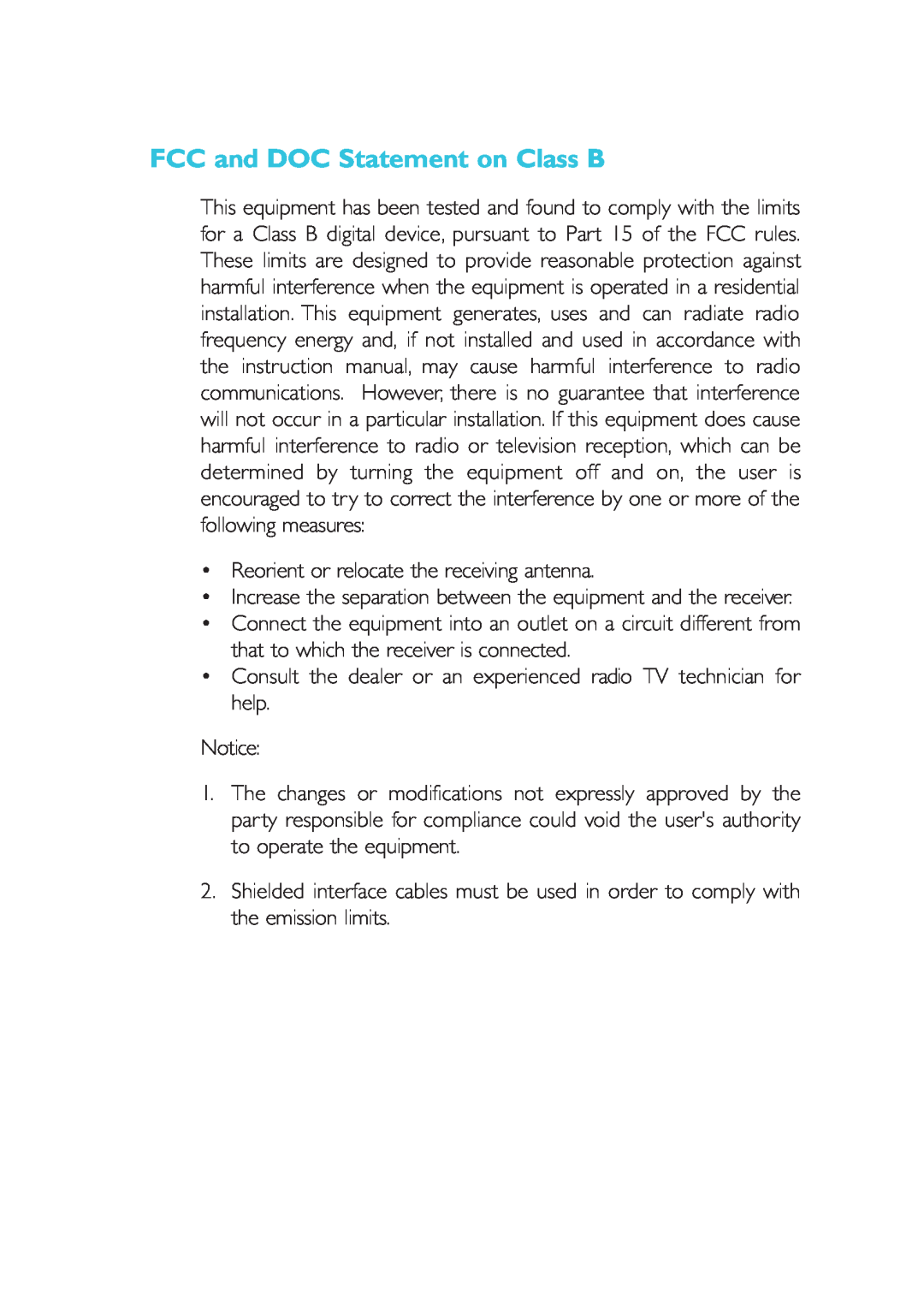 Microsoft G7VP2 manual FCC and DOC Statement on Class B 