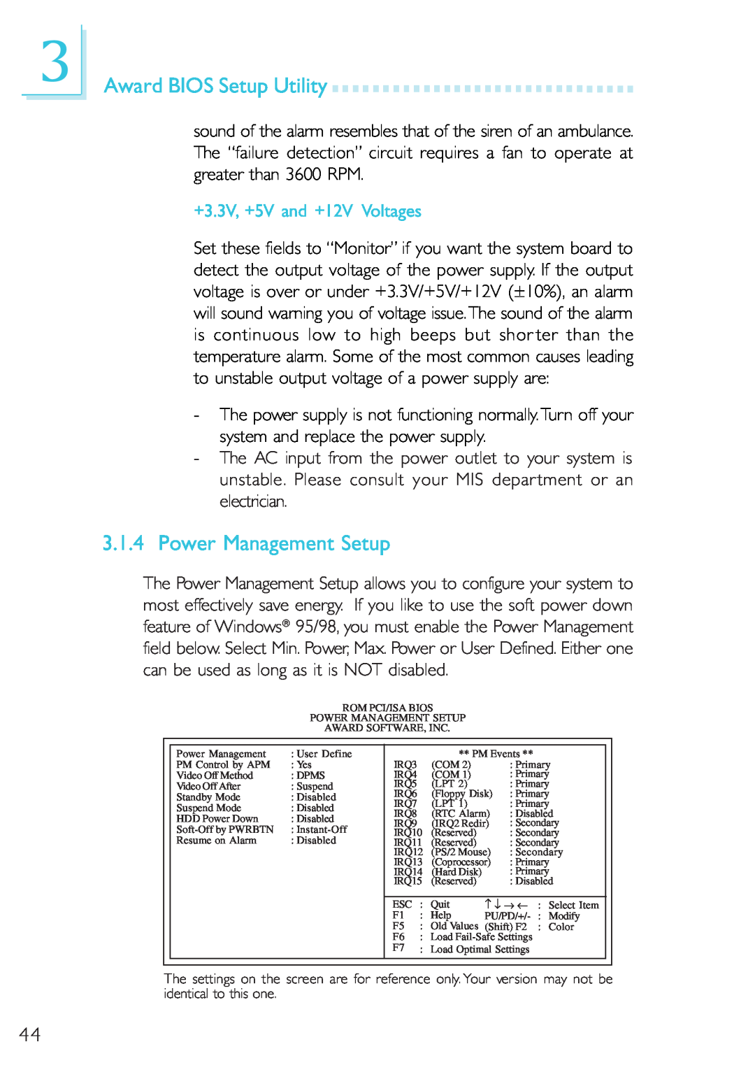 Microsoft G7VP2 manual Power Management Setup, +3.3V, +5V and +12V Voltages, Award BIOS Setup Utility 