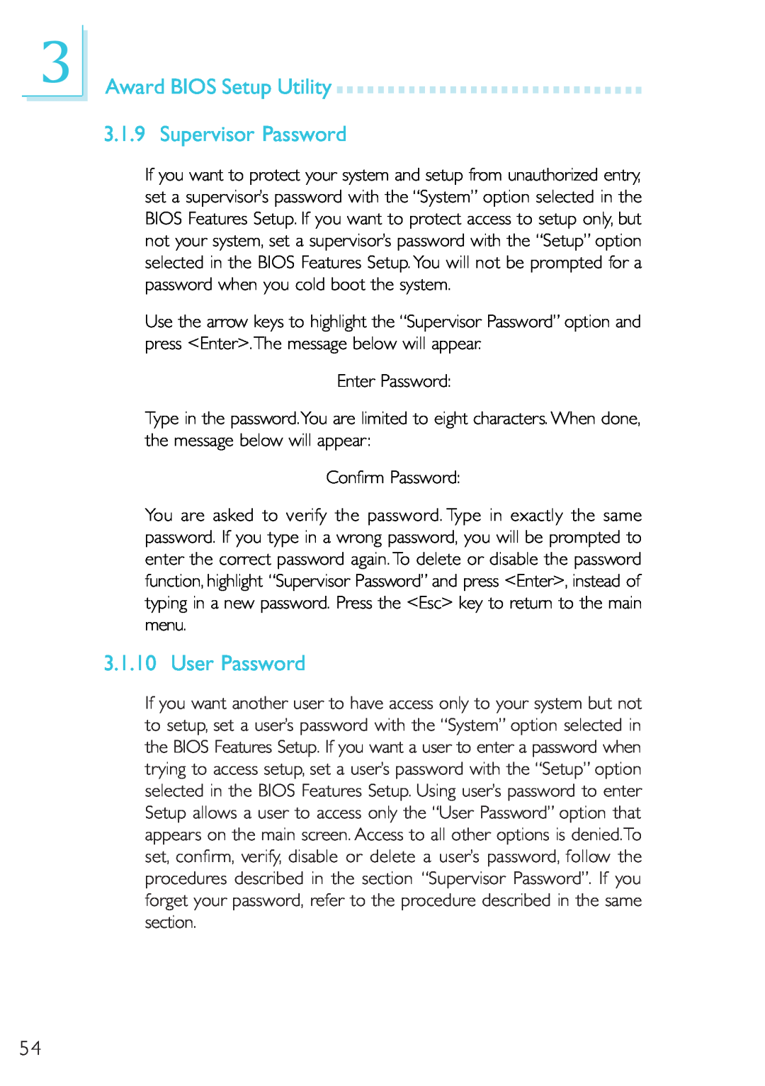 Microsoft G7VP2 manual Award BIOS Setup Utility 3.1.9 Supervisor Password, User Password 
