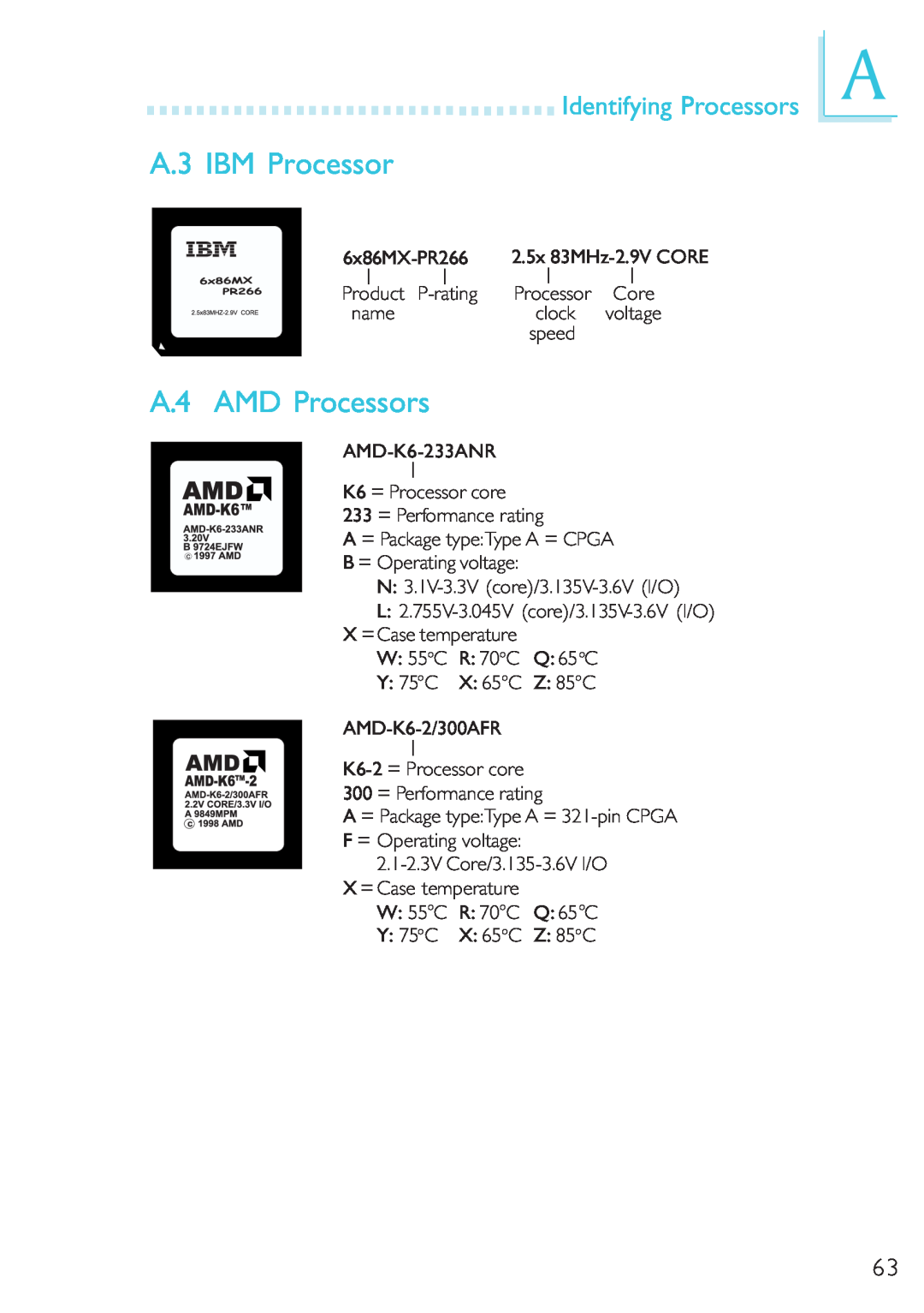 Microsoft G7VP2 manual A.3 IBM Processor, A.4 AMD Processors, Identifying Processors 
