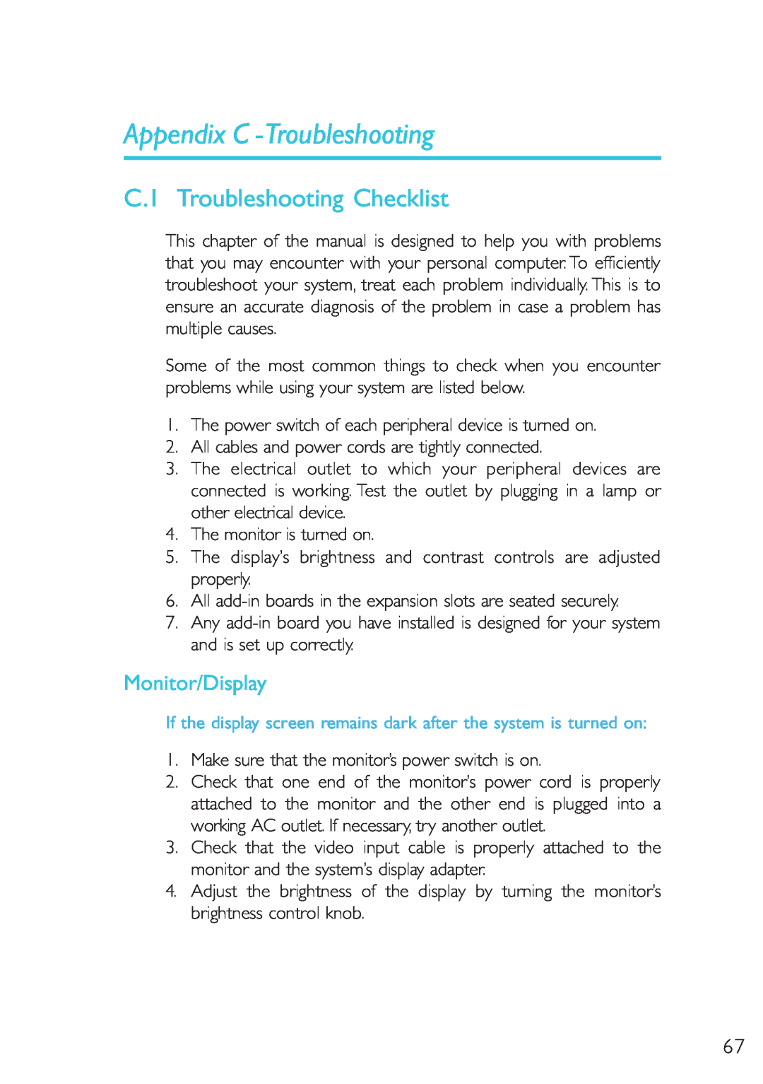 Microsoft G7VP2 manual Appendix C -Troubleshooting, C.1 Troubleshooting Checklist, Monitor/Display 