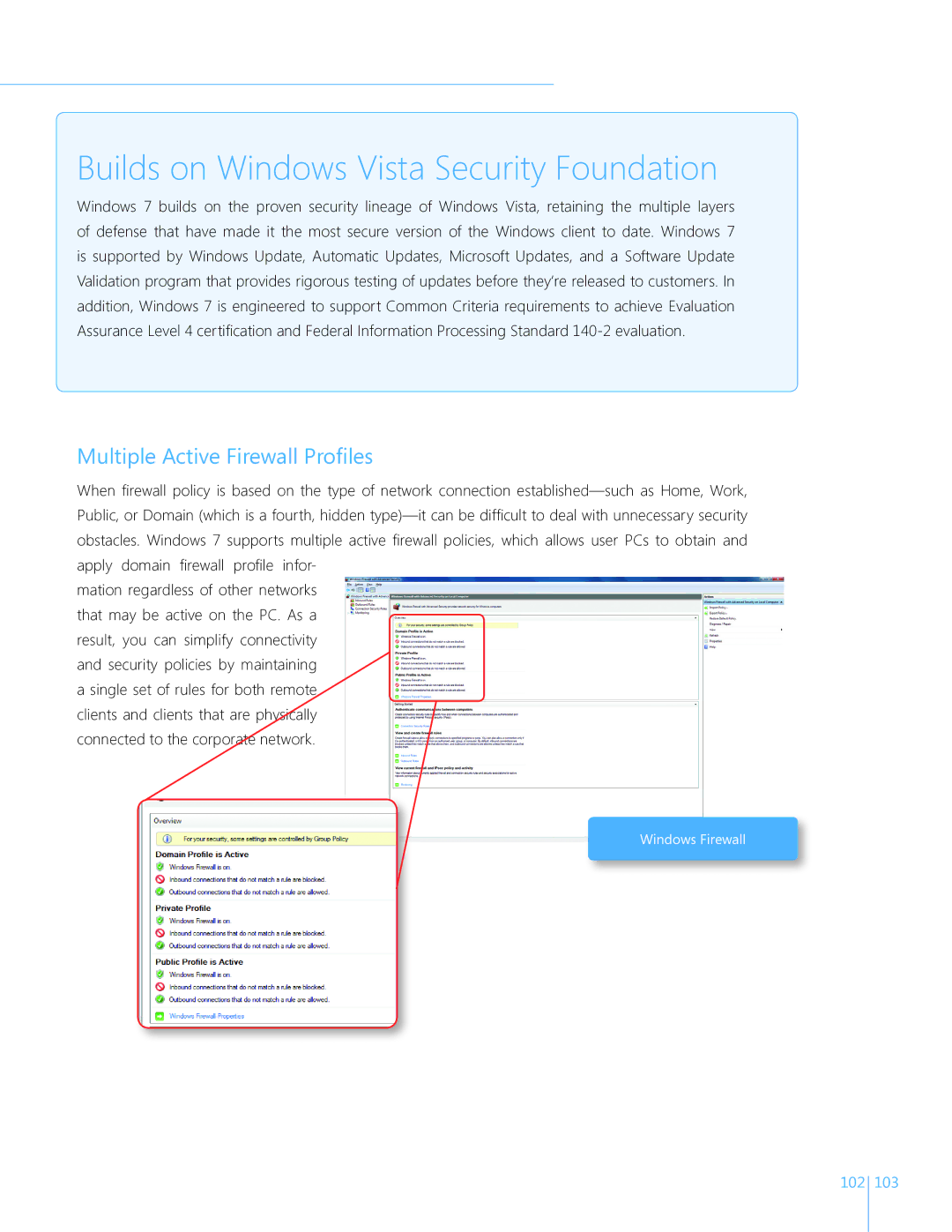 Microsoft GLC01844, GLC00182, GLC01878 manual Builds on Windows Vista Security Foundation, Multiple Active Firewall Profiles 