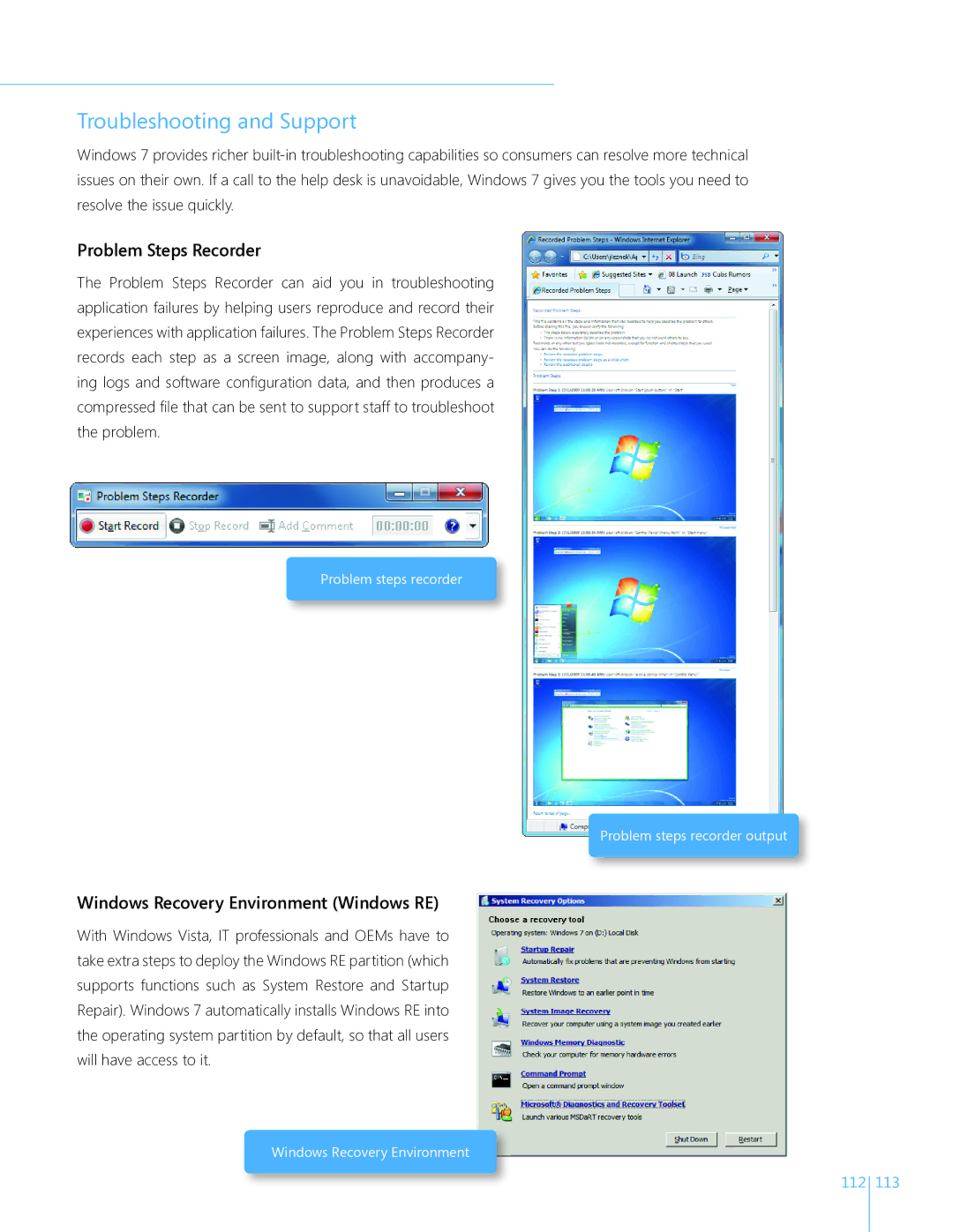 Microsoft FQC-04770, GLC00182 Troubleshooting and Support, Problem Steps Recorder, Windows Recovery Environment Windows RE 