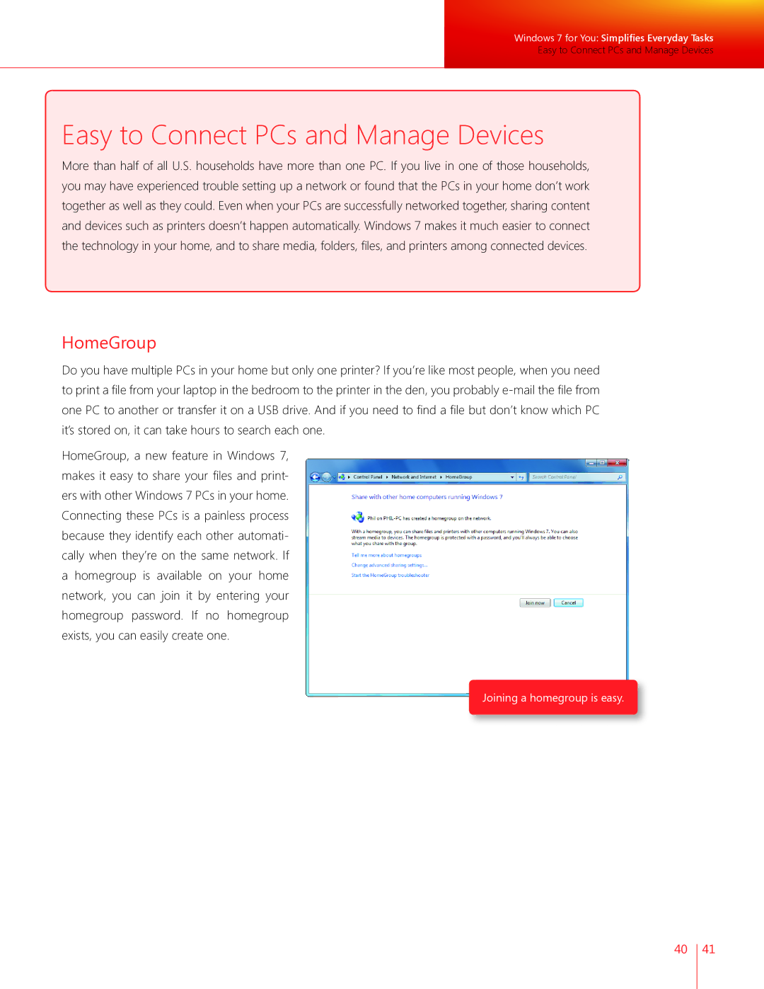 Microsoft FQC-04770, GLC00182, GLC01878, GLC00184, GFC00941, GFC02021 manual Easy to Connect PCs and Manage Devices, HomeGroup 