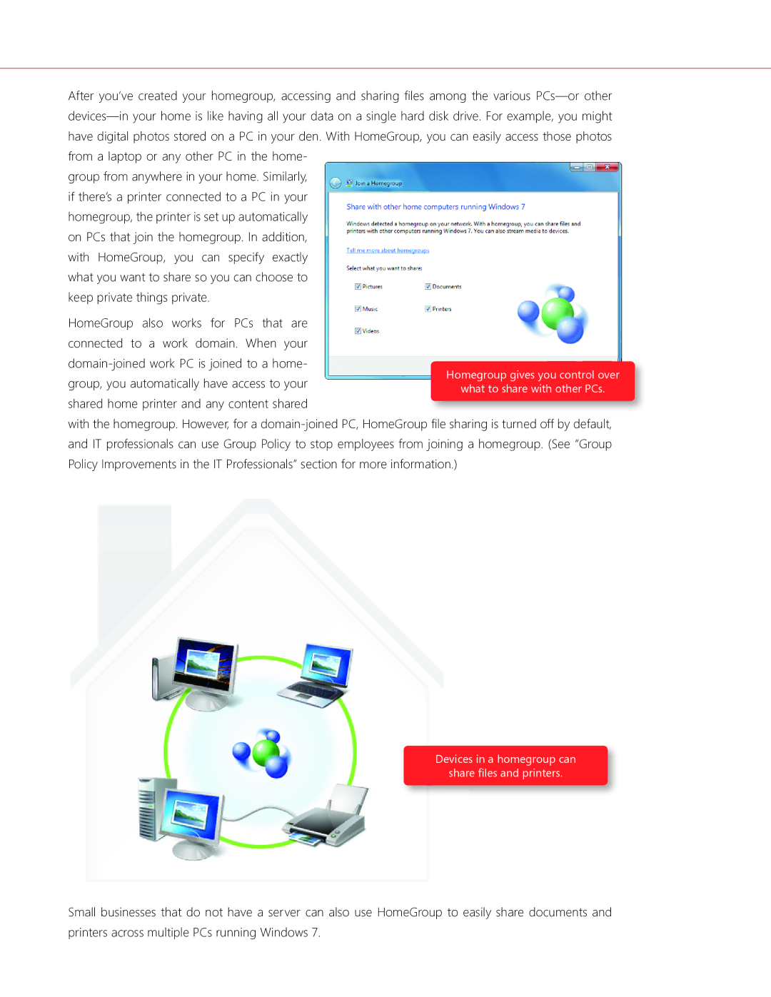 Microsoft FQC00130, GLC00182, GLC01878, GLC00184, GFC00941, GFC02021 manual Devices in a homegroup can Share files and printers 