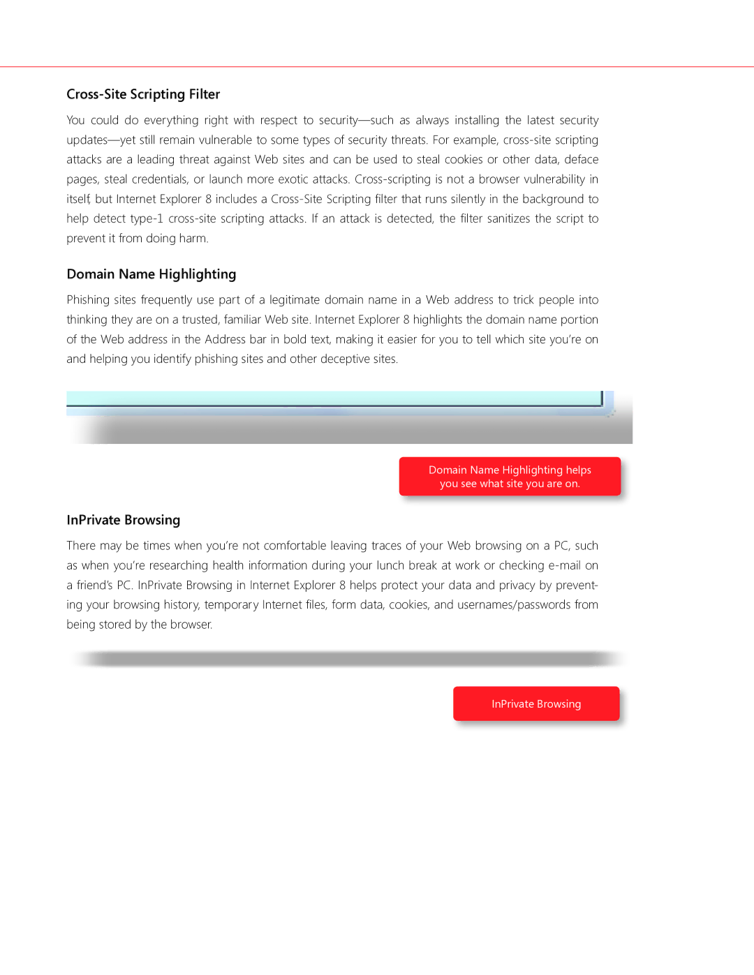 Microsoft GFC00019, GLC00182, GLC01878, GLC00184 Cross-Site Scripting Filter, Domain Name Highlighting, InPrivate Browsing 