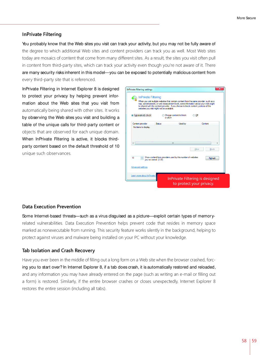 Microsoft GFC00020, GLC00182, GLC01878 InPrivate Filtering, Data Execution Prevention, Tab Isolation and Crash Recovery 