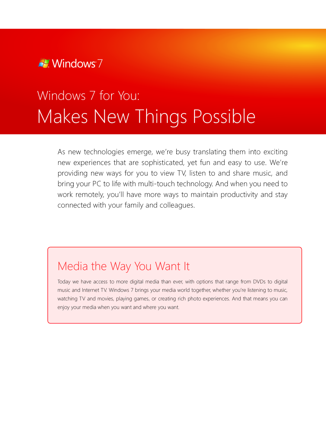 Microsoft QLF00195, GLC00182, GLC01878, GLC00184, GFC00941, GFC02021 manual Makes New Things Possible, Media the Way You Want It 