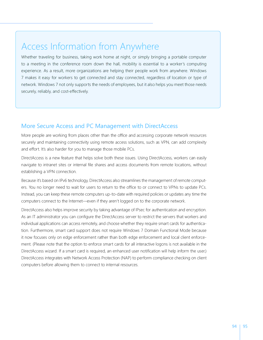 Microsoft FQC04649, GLC00182 manual Access Information from Anywhere, More Secure Access and PC Management with DirectAccess 