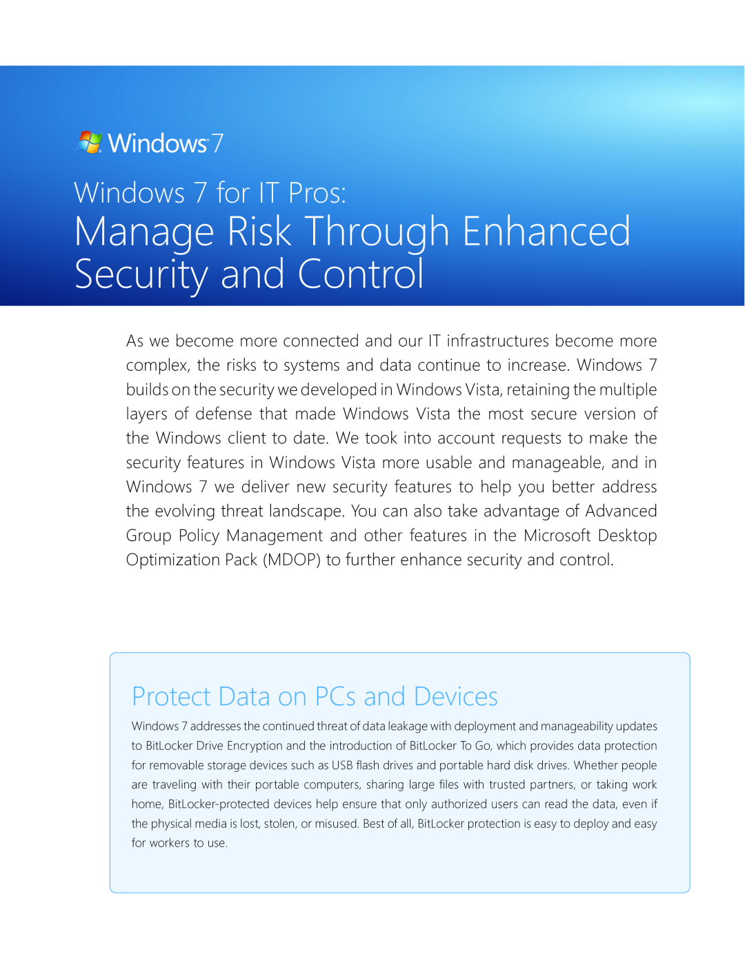 Microsoft GFC02021, GLC00182, GLC01878 Manage Risk Through Enhanced Security and Control, Protect Data on PCs and Devices 