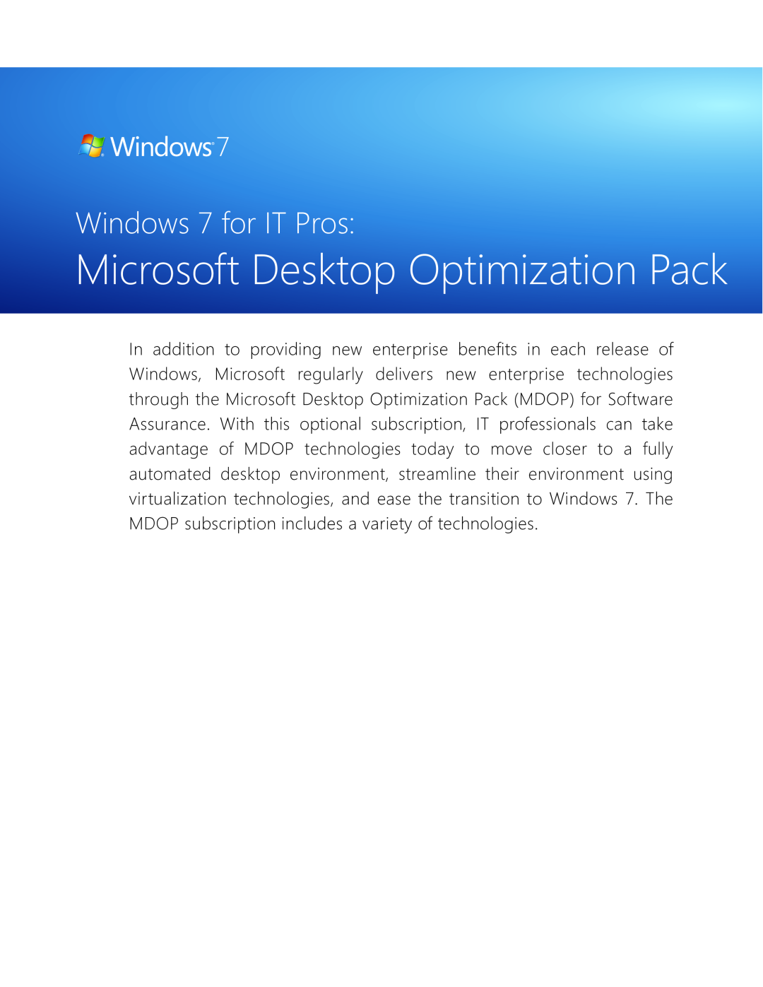 Microsoft FQC04617, GLC00182, GLC01878, GLC00184, GFC00941 manual Microsoft Desktop Optimization Pack, Windows 7 for IT Pros 