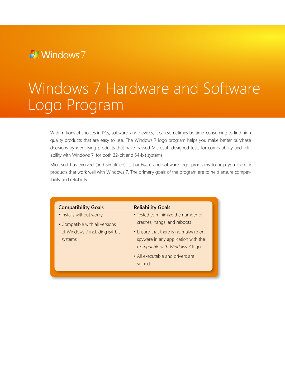 Microsoft GLC00184, GLC00182, GLC01878 Windows 7 Hardware and Software Logo Program, Compatibility Goals, Reliability Goals 