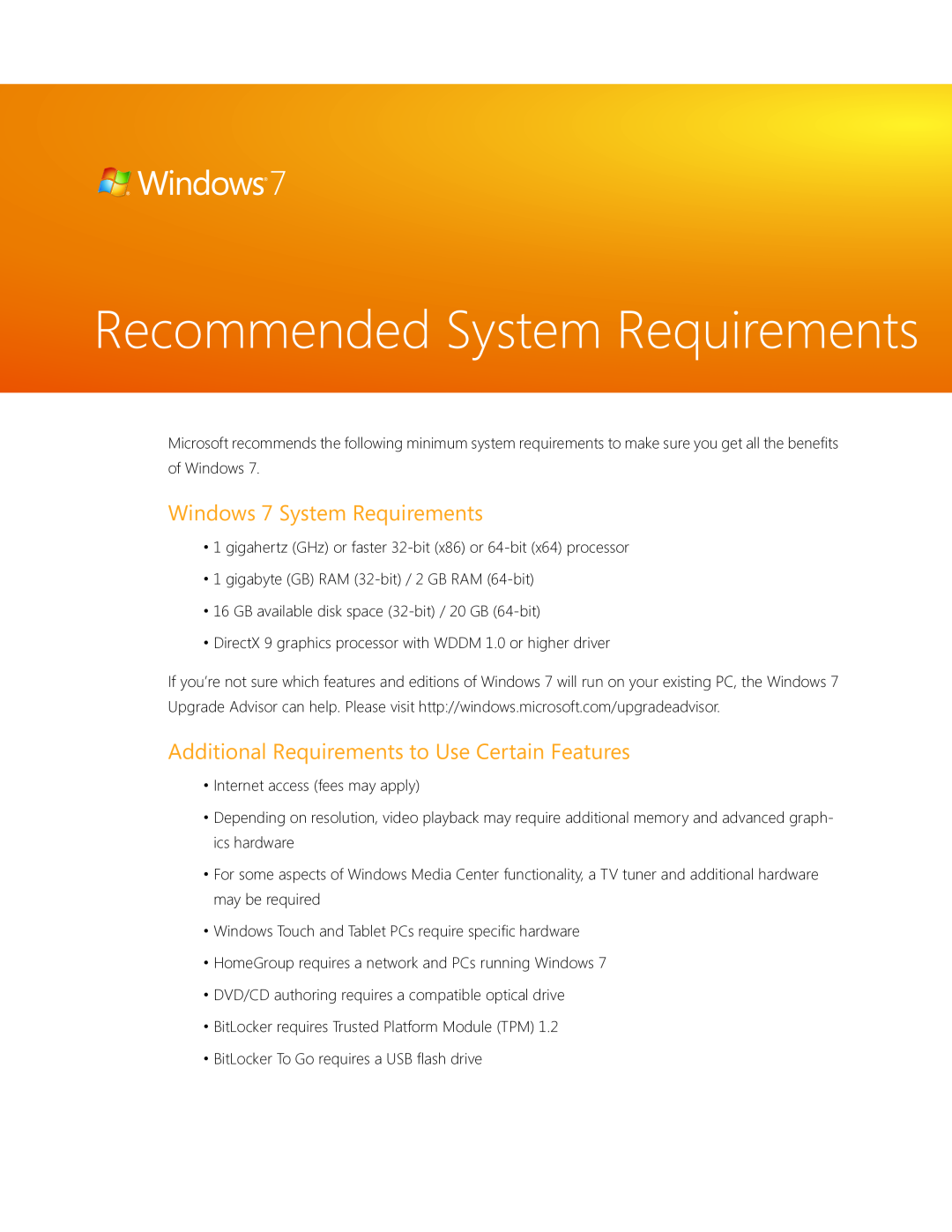 Microsoft GFC02021, GLC00182, GLC01878 manual Windows 7 System Requirements, Additional Requirements to Use Certain Features 