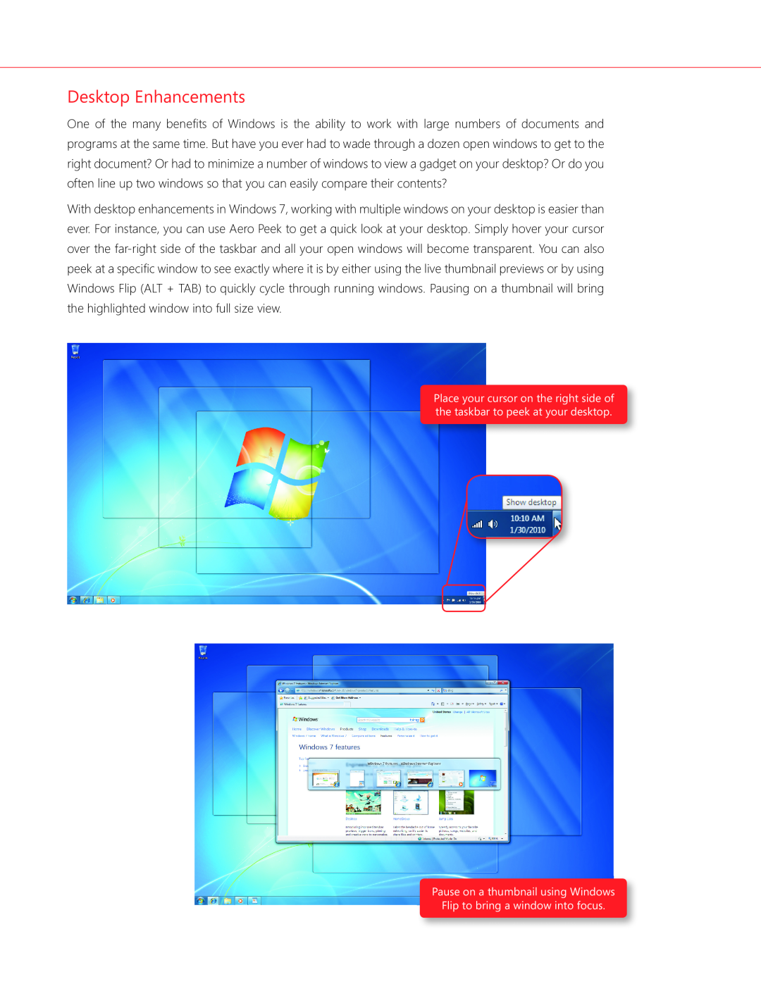 Microsoft GFC02050, GLC00182 Desktop Enhancements, Pause on a thumbnail using Windows Flip to bring a window into focus 