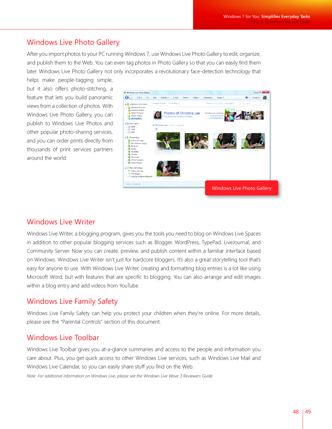Microsoft GLC01878 manual Windows Live Photo Gallery, Windows Live Writer, Windows Live Family Safety, Windows Live Toolbar 