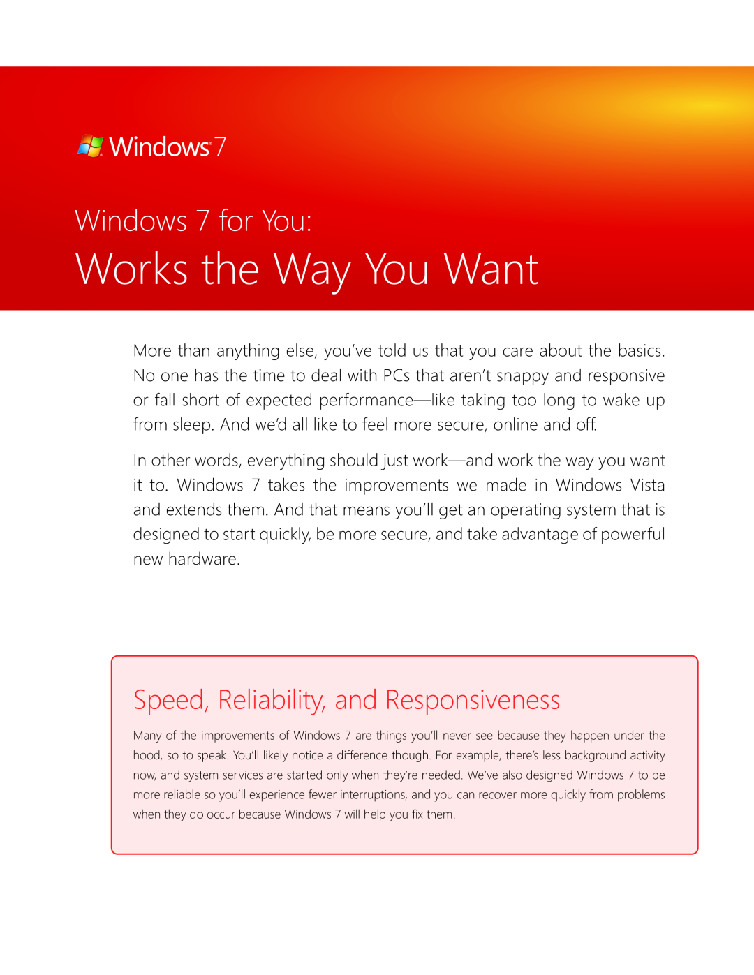 Microsoft GLC00184, GLC00182, GLC01878 Works the Way You Want, Speed, Reliability, and Responsiveness, Windows 7 for You 