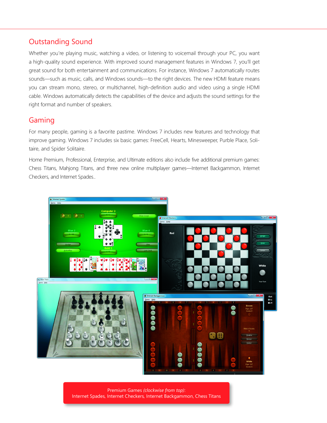 Microsoft GFC-02050 manual Outstanding Sound, Gaming, Internet Spades, Internet Checkers, Internet Backgammon, Chess Titans 