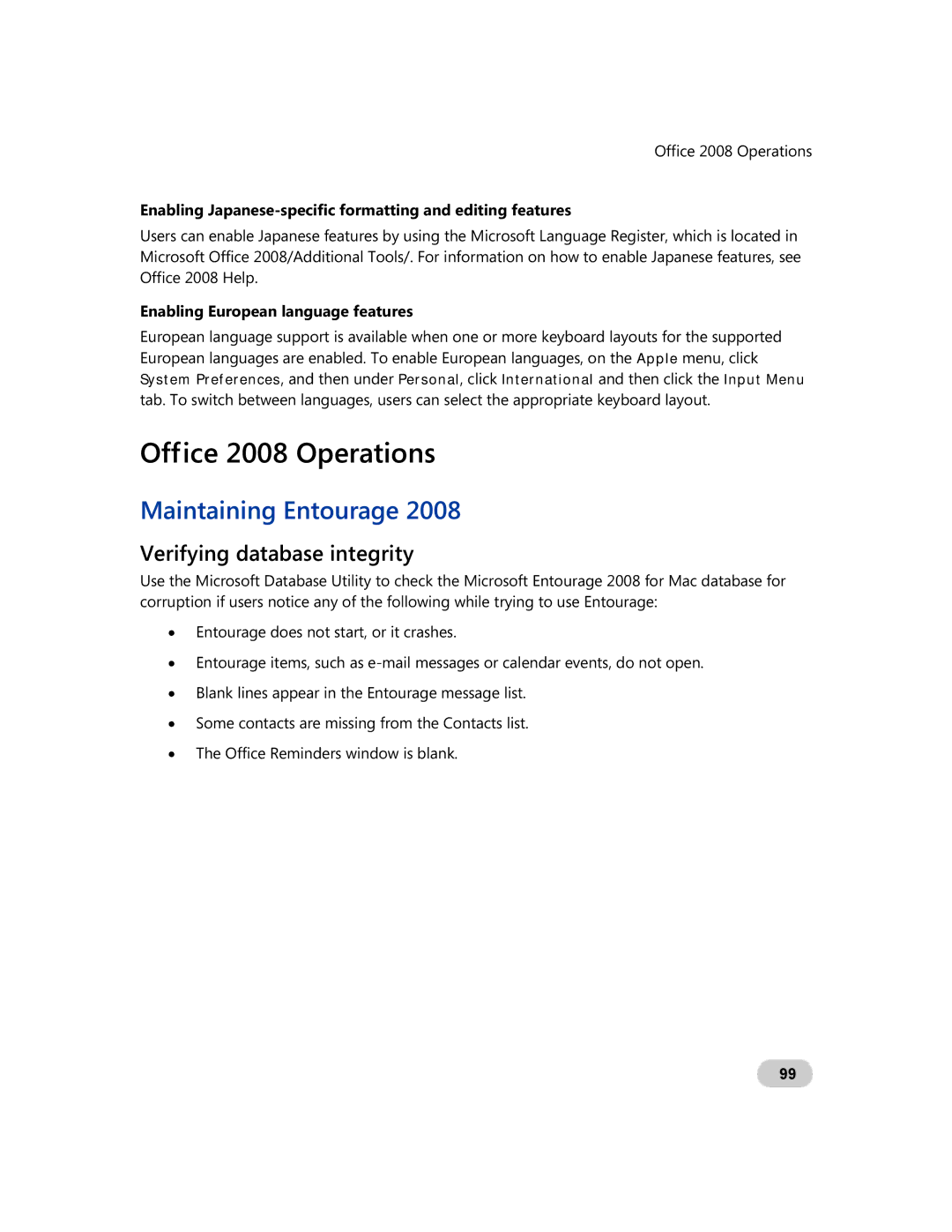 Microsoft GZA-00006 manual Maintaining Entourage, Verifying database integrity, Enabling European language features 