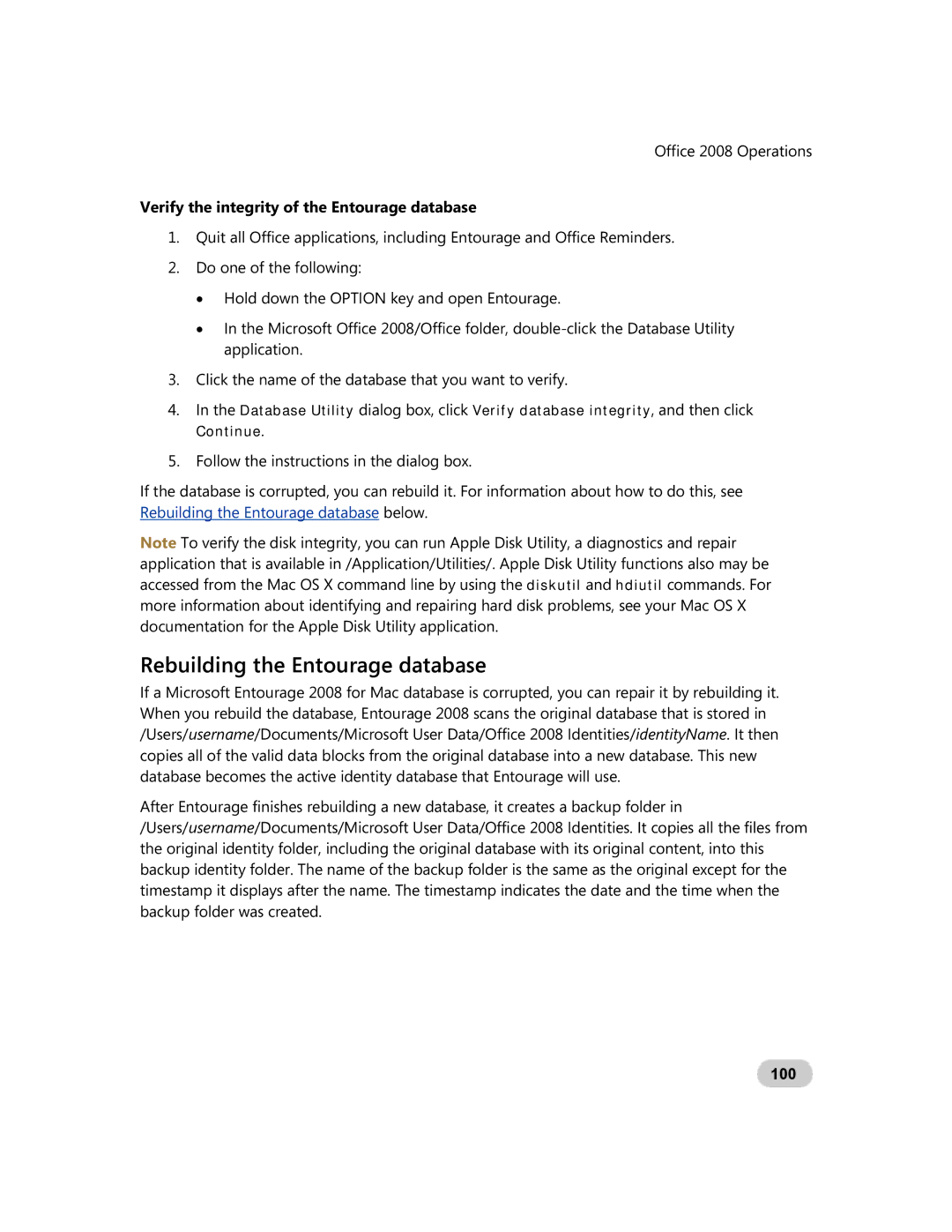 Microsoft GZA-00006 manual Rebuilding the Entourage database, Verify the integrity of the Entourage database, 100 