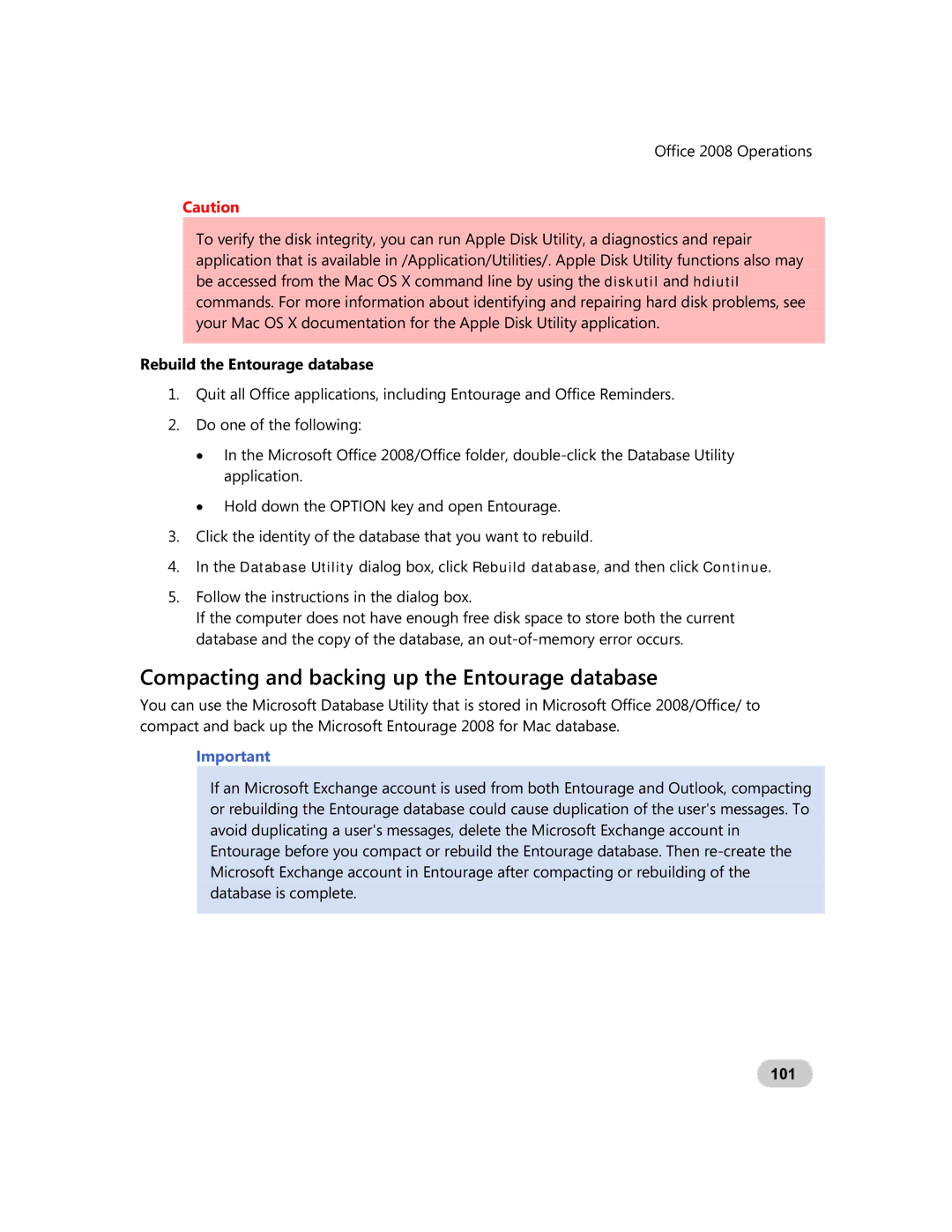 Microsoft GZA-00006 manual Compacting and backing up the Entourage database, Rebuild the Entourage database, 101 