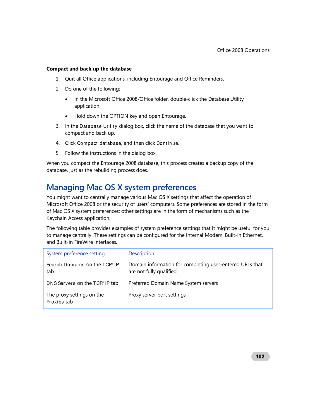 Microsoft GZA-00006 manual Managing Mac OS X system preferences, Compact and back up the database, 102 