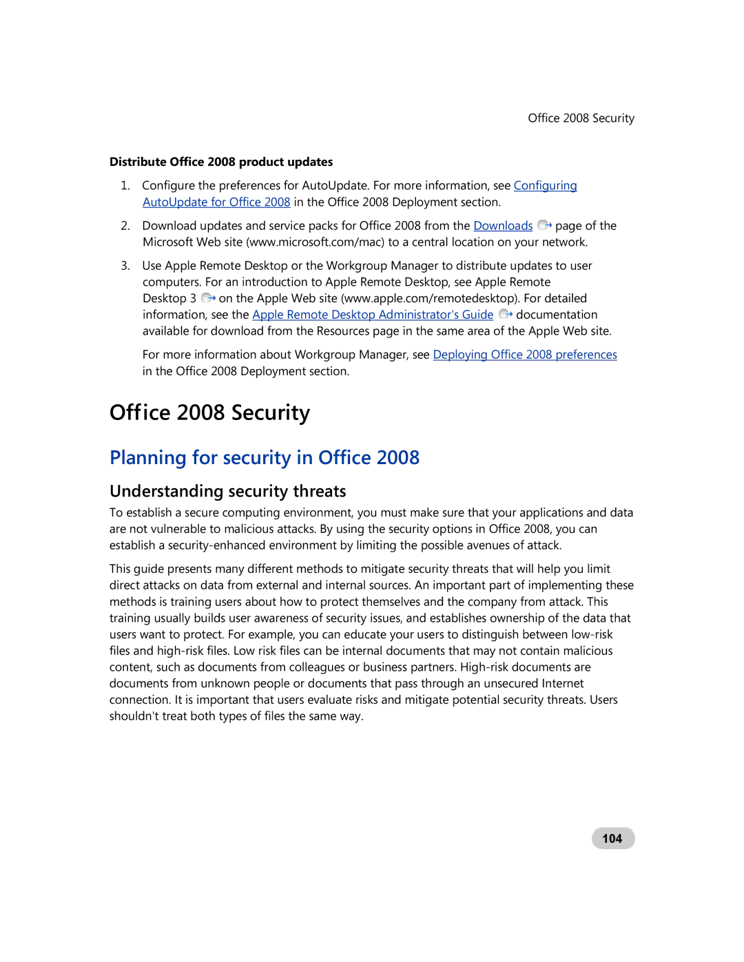 Microsoft GZA-00006 manual Planning for security in Office, Understanding security threats, 104 