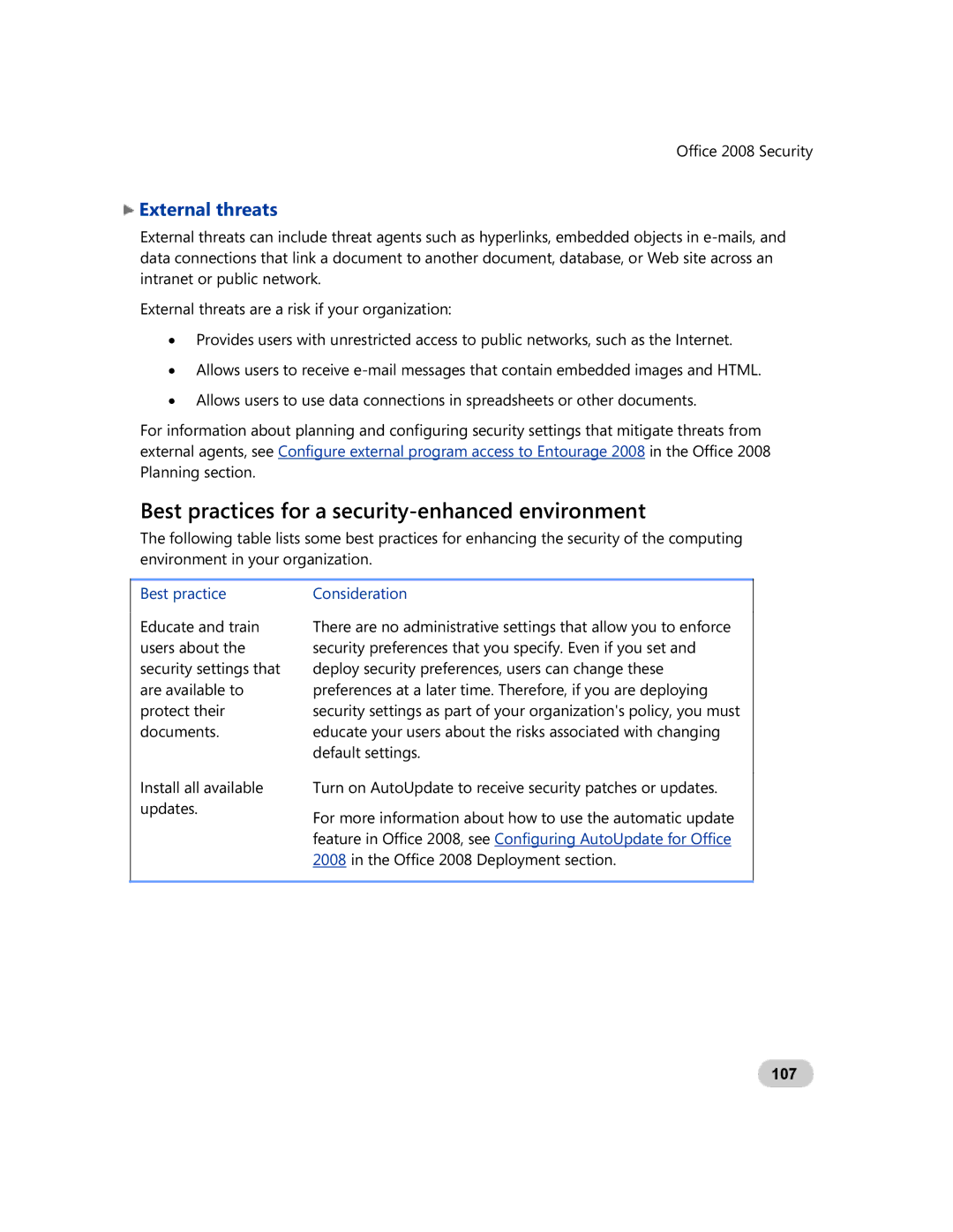 Microsoft GZA-00006 Best practices for a security-enhanced environment, External threats, Best practice Consideration, 107 