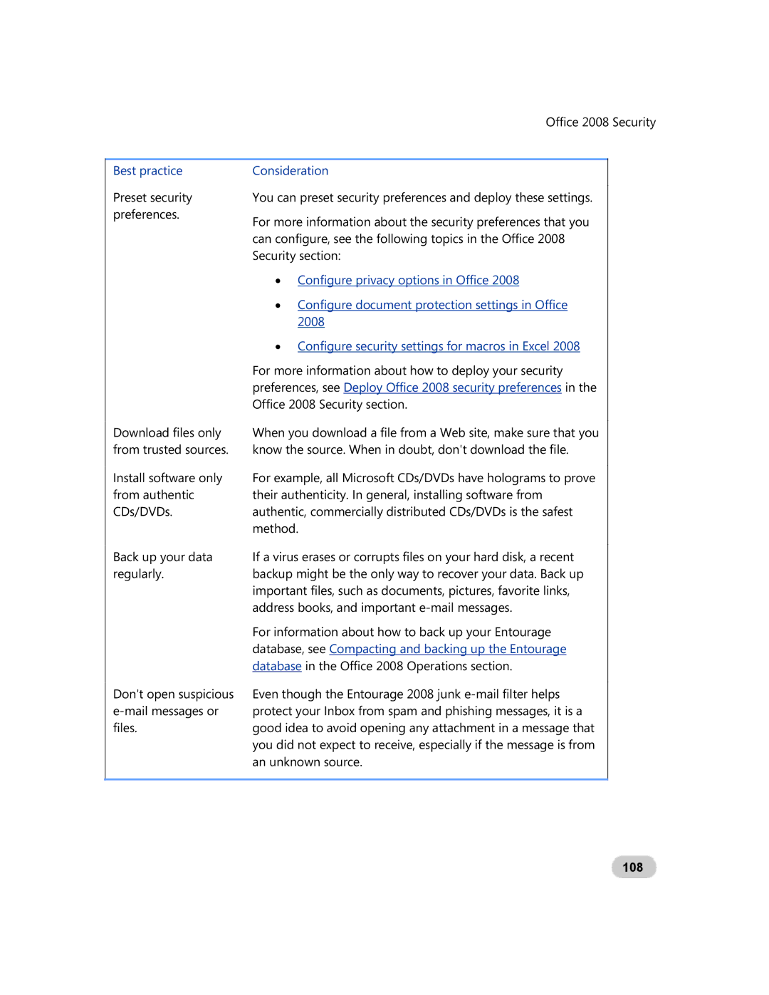 Microsoft GZA-00006 manual Preferences, see Deploy Office 2008 security preferences, 108 