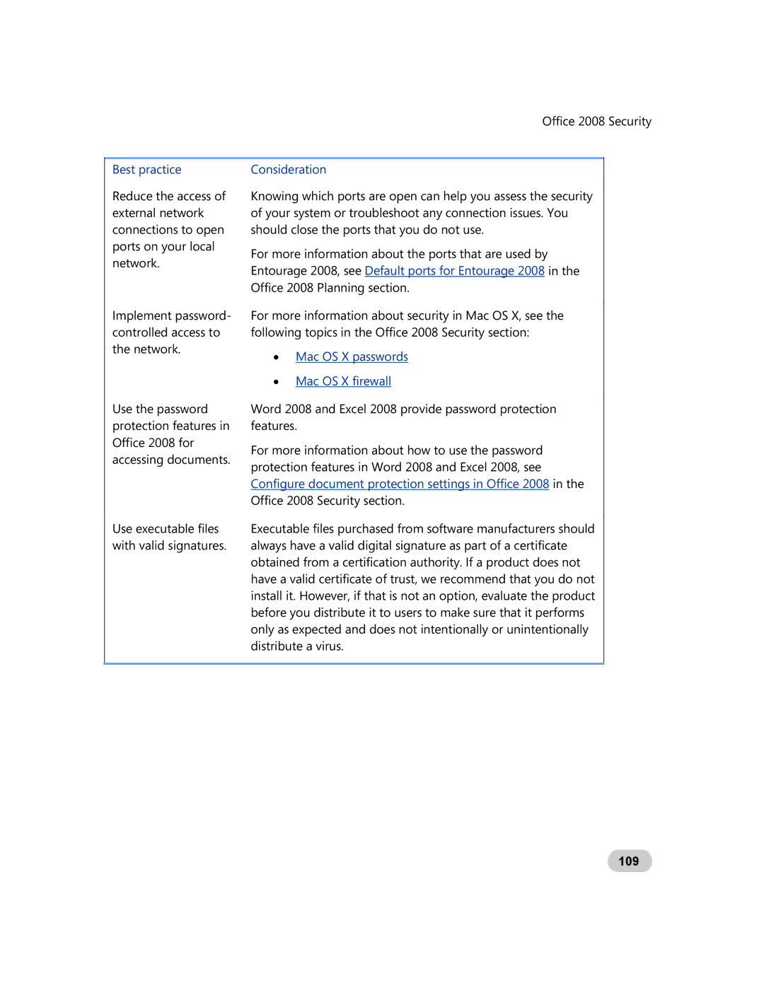 Microsoft GZA-00006 manual Entourage 2008, see Default ports for Entourage 2008, Mac OS X passwords Mac OS X firewall, 109 