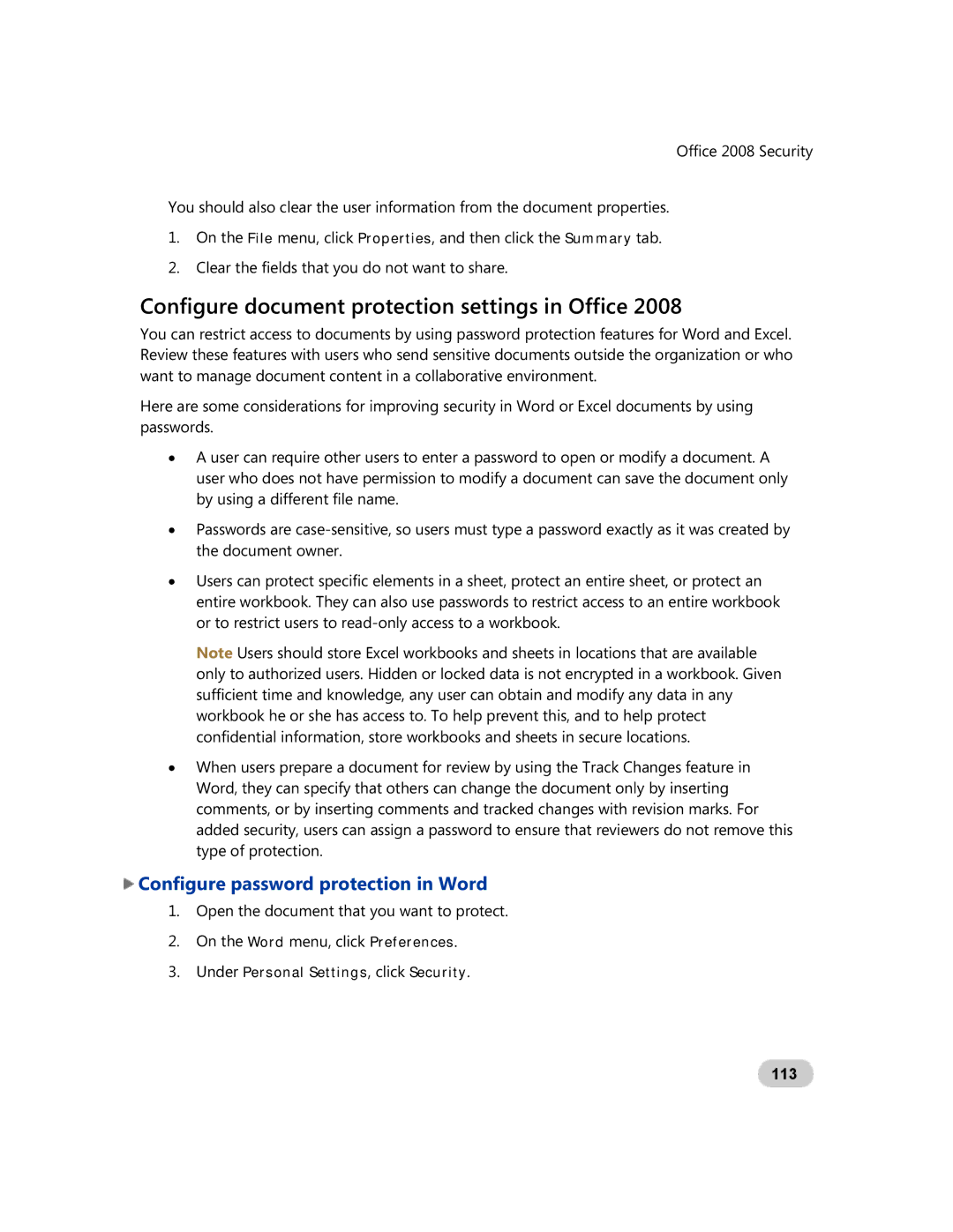 Microsoft GZA-00006 manual Configure document protection settings in Office, Configure password protection in Word, 113 