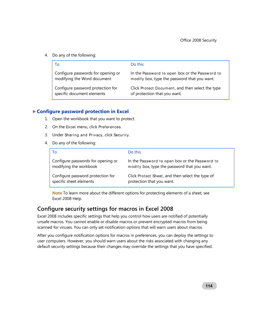 Microsoft GZA-00006 manual Configure security settings for macros in Excel, Configure password protection in Excel, 114 