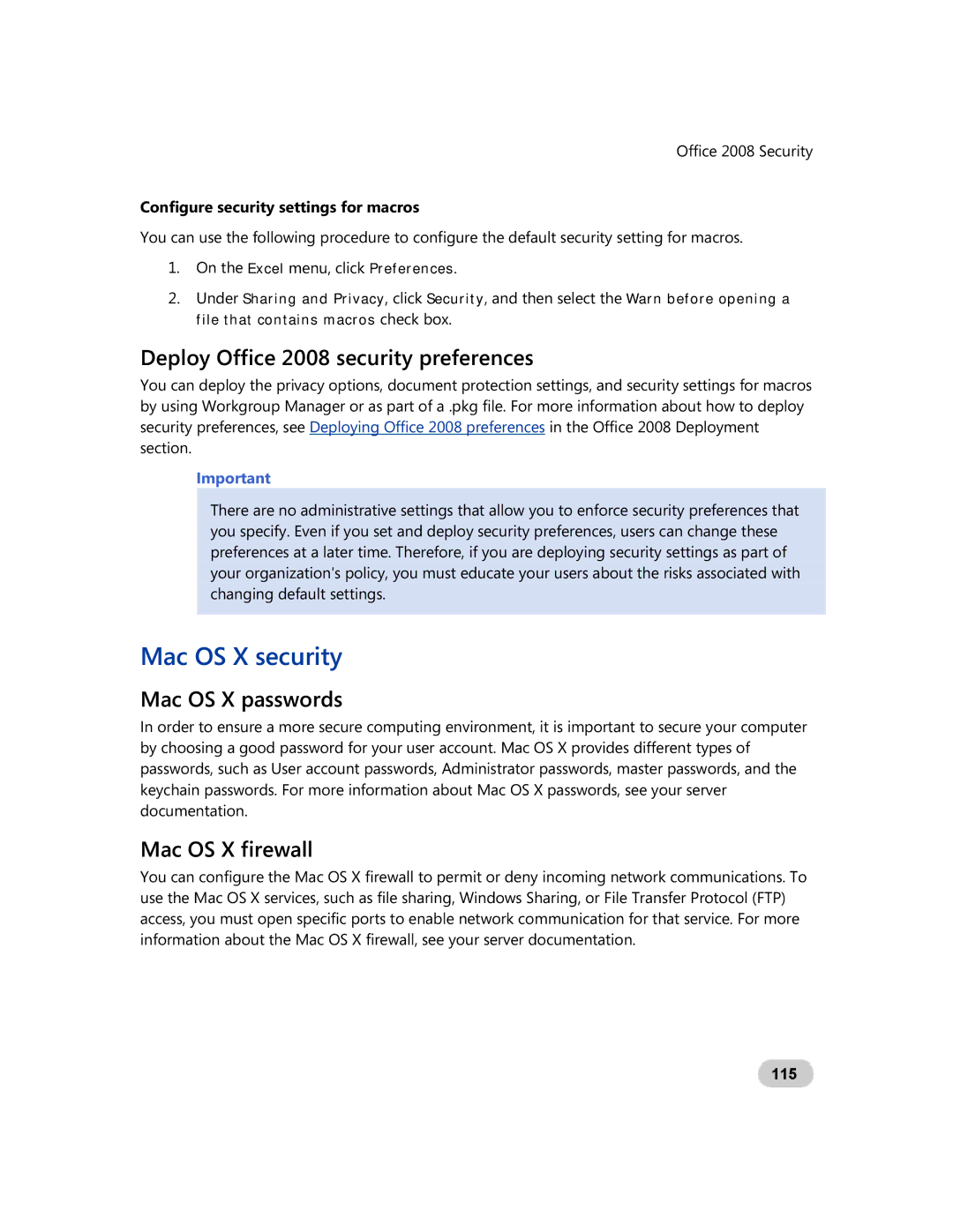 Microsoft GZA-00006 Mac OS X security, Deploy Office 2008 security preferences, Mac OS X passwords, Mac OS X firewall 