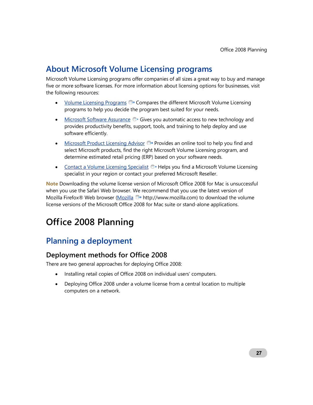 Microsoft GZA-00006 manual About Microsoft Volume Licensing programs, Planning a deployment, Deployment methods for Office 