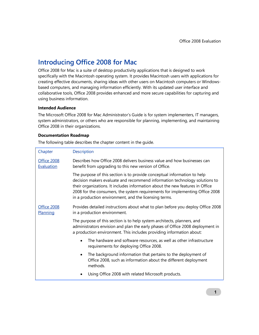 Microsoft GZA-00006 manual Introducing Office 2008 for Mac, Intended Audience, Documentation Roadmap 