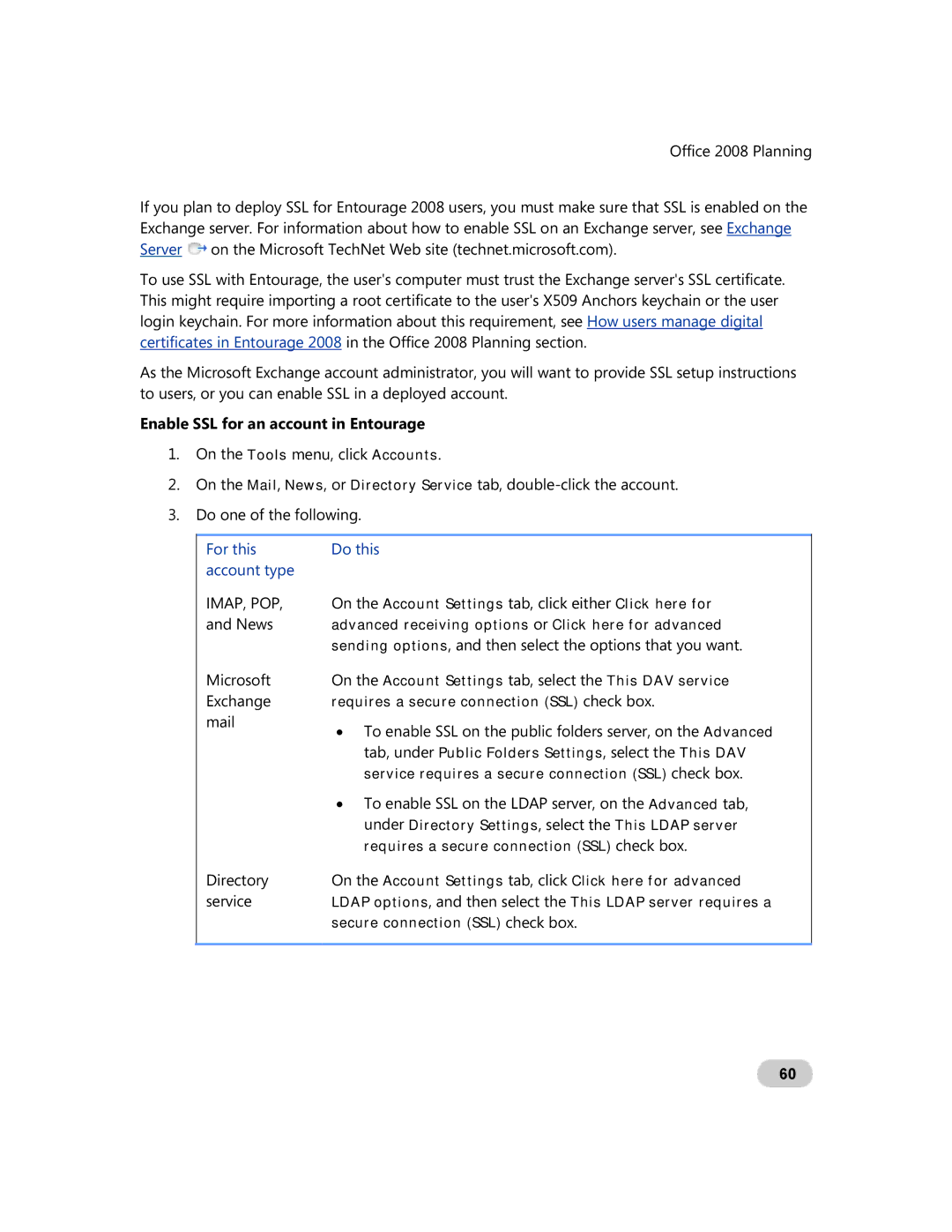 Microsoft GZA-00006 manual Enable SSL for an account in Entourage, For this Do this Account type 