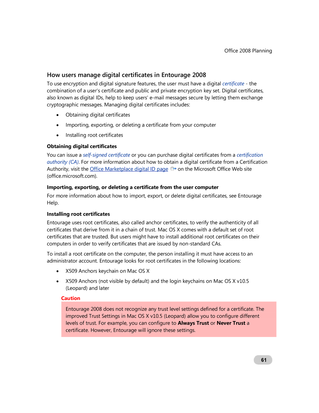 Microsoft GZA-00006 manual How users manage digital certificates in Entourage, Obtaining digital certificates 