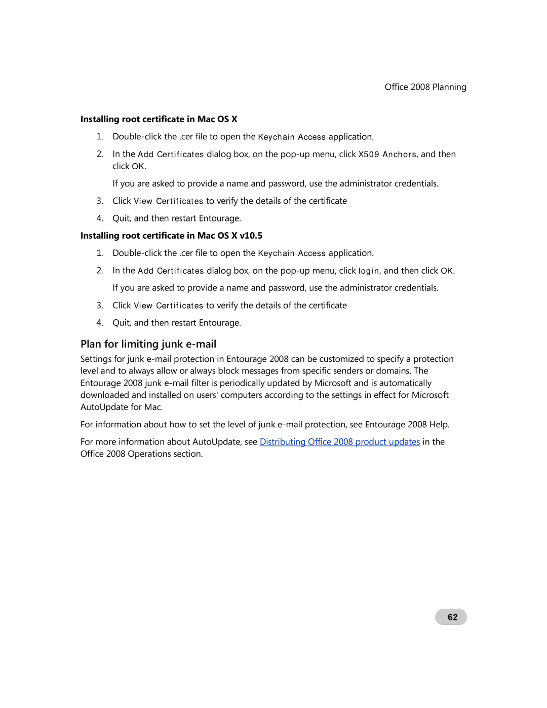 Microsoft GZA-00006 manual Plan for limiting junk e-mail, Installing root certificate in Mac OS 