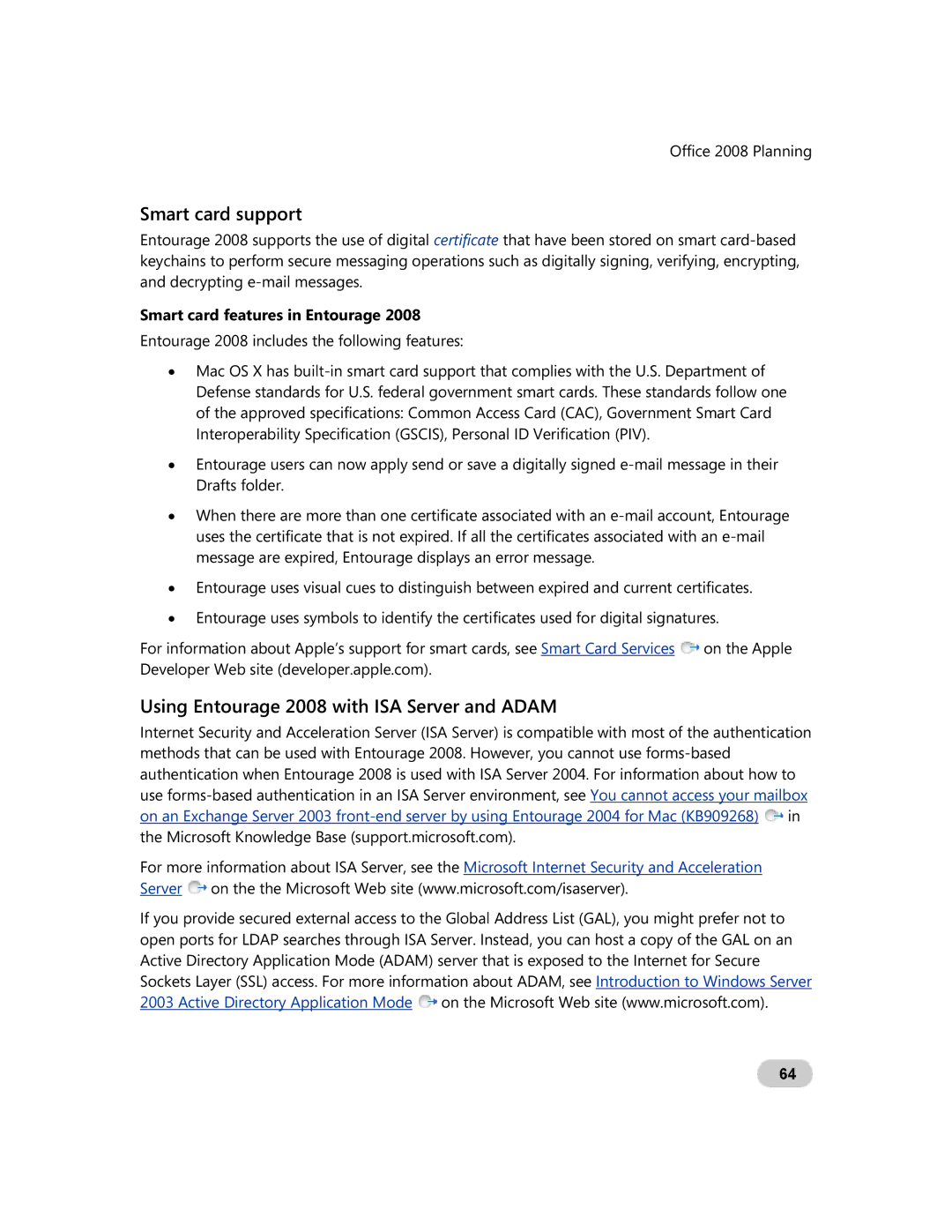 Microsoft GZA-00006 Smart card support, Using Entourage 2008 with ISA Server and Adam, Smart card features in Entourage 