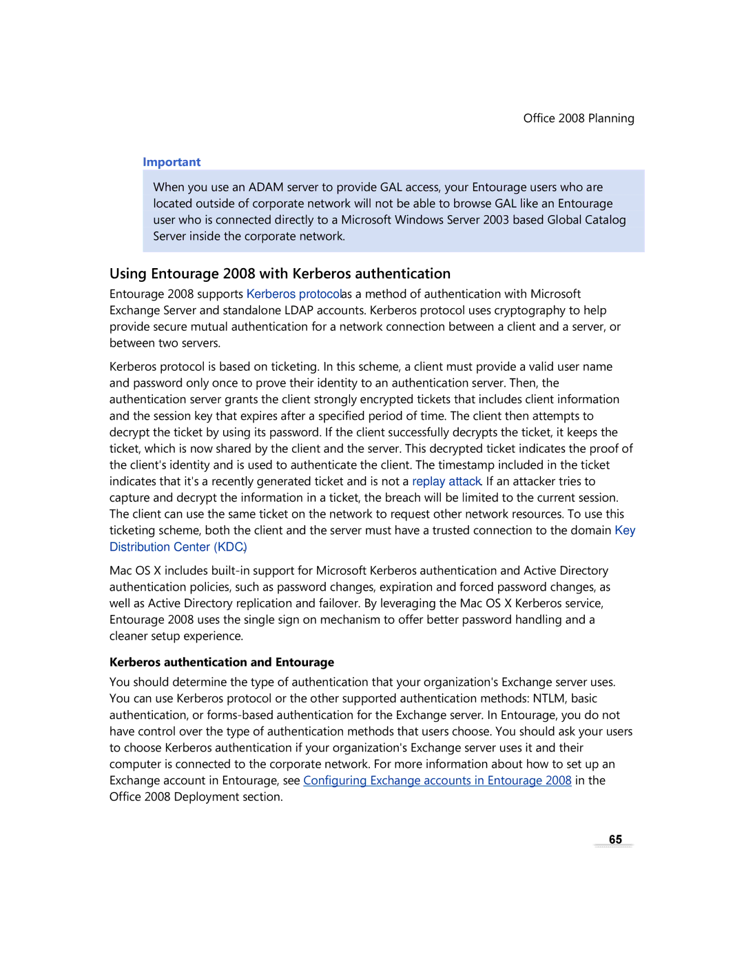 Microsoft GZA-00006 manual Using Entourage 2008 with Kerberos authentication, Kerberos authentication and Entourage 