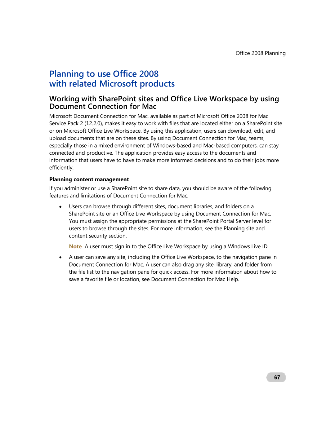 Microsoft GZA-00006 manual Planning to use Office 2008 with related Microsoft products, Planning content management 