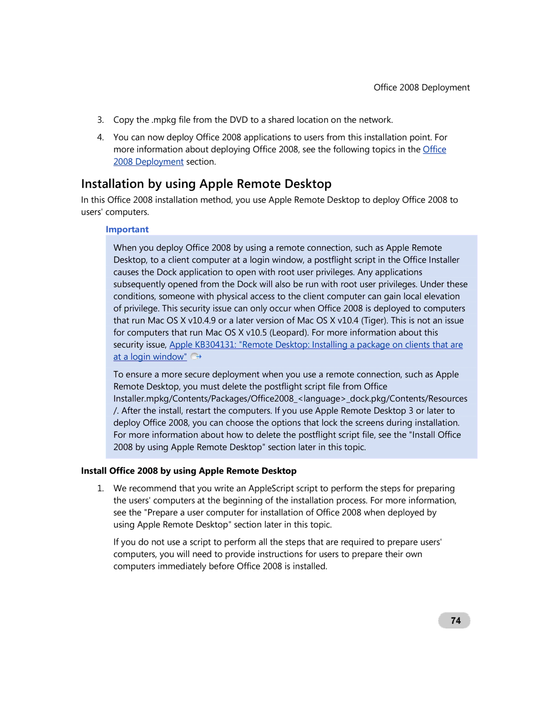 Microsoft GZA-00006 manual Installation by using Apple Remote Desktop, Install Office 2008 by using Apple Remote Desktop 