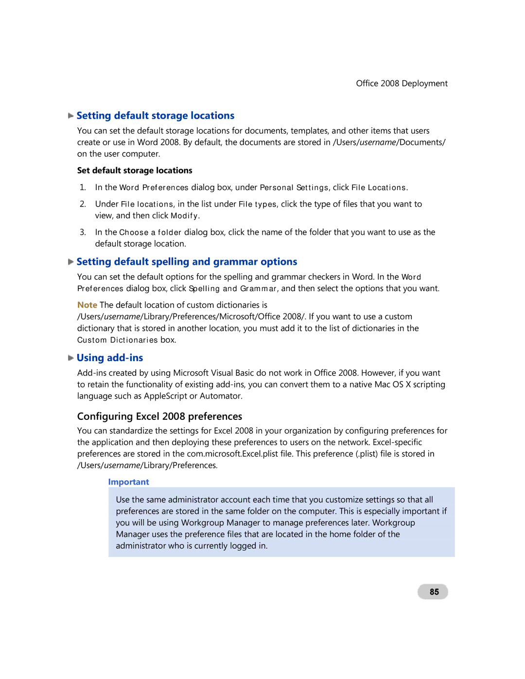 Microsoft GZA-00006 manual Setting default storage locations, Setting default spelling and grammar options, Using add-ins 