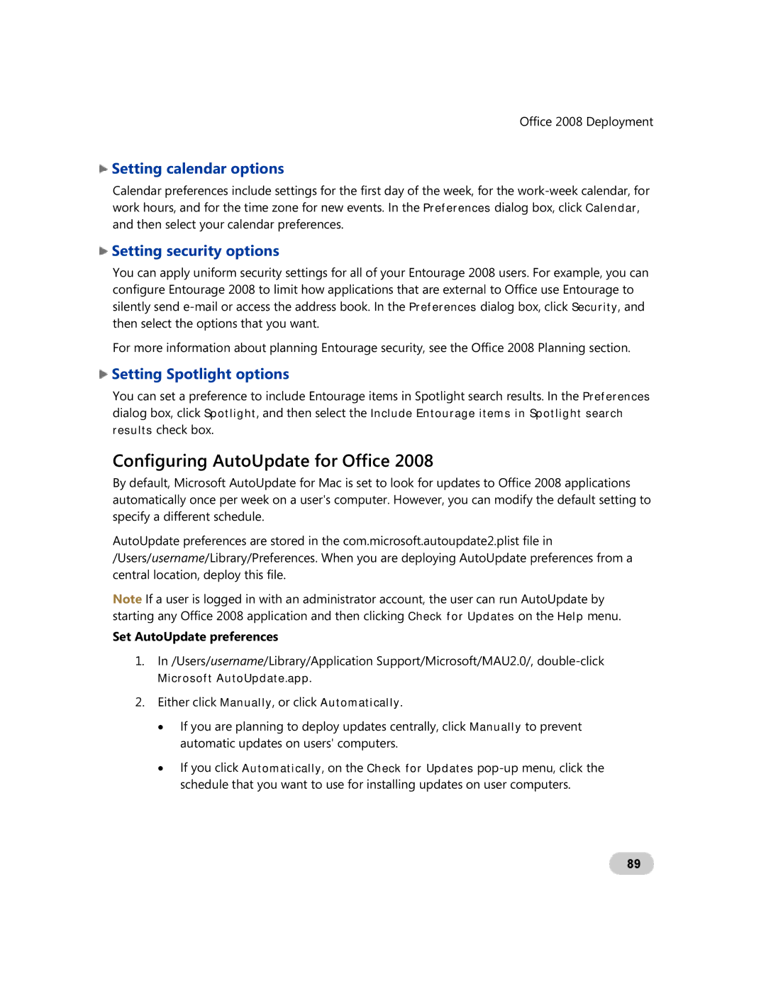 Microsoft GZA-00006 manual Configuring AutoUpdate for Office, Setting calendar options, Setting security options 